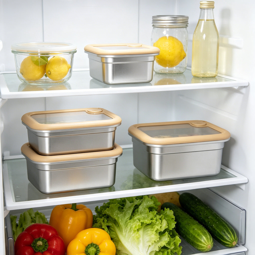 LIHONG stainless steel food containers stored in a refrigerator for meal prep and fresh food storage