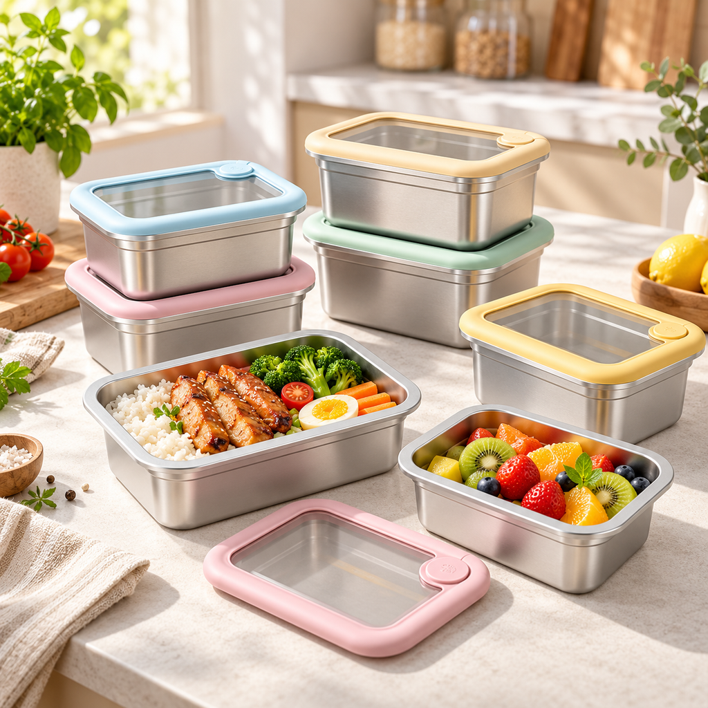 LIHONG stainless steel lunch boxes with colorful lids displayed in a bright kitchen